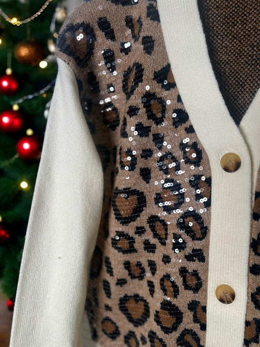 Women's Ladies Leopard Animal Print Cardigan Stylish Open Front Knit Sweater