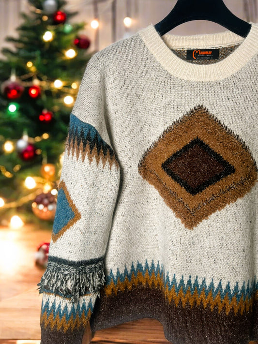 Women's Geometric Fringe Weekend Sweater Cosy, Stylish Knitwear, Casual Outfit