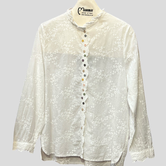Cotton Embroidered Shirt with Colourful Buttons – One Size (UK 8–12)