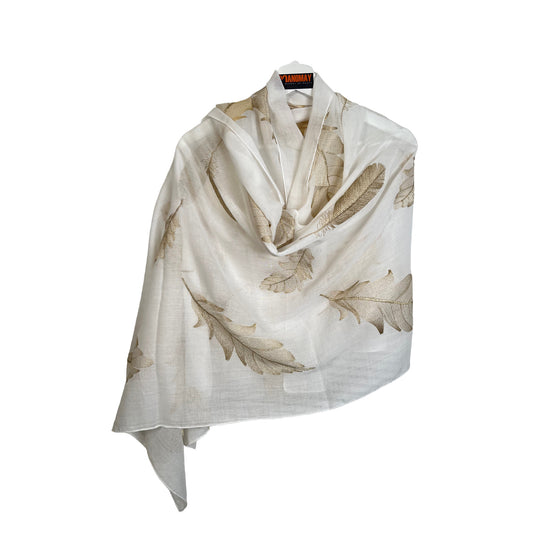 Hand Embroidered Scarf -Khaki - FEATHERS/ LEAF/LEAVES /Print Women Scarves / Gifts For Her / Accessories/ Handmade