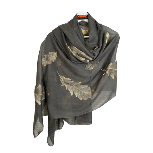Hand Embroidered Scarf -Khaki - FEATHERS/ LEAF/LEAVES /Print Women Scarves / Gifts For Her / Accessories/ Handmade