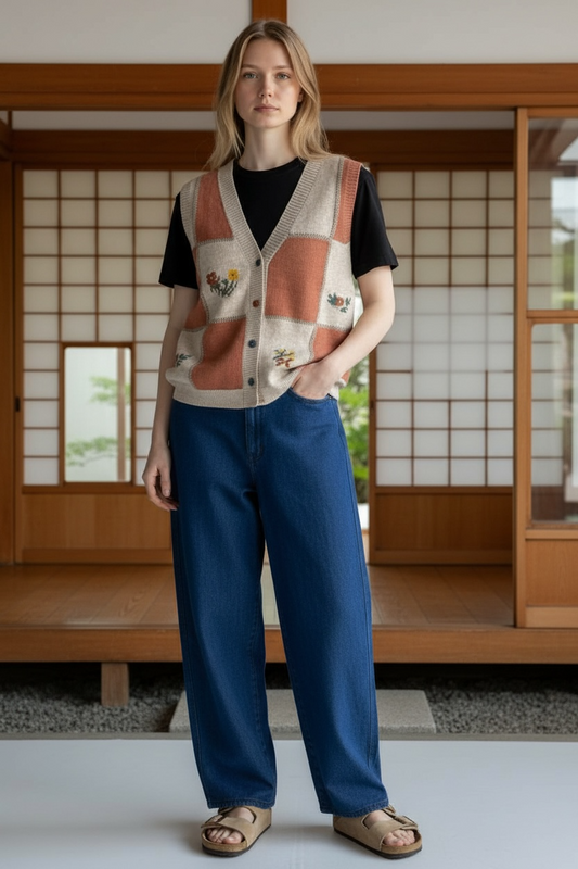 V-Neck Checkboard Sweater Vest with Flower Patterns