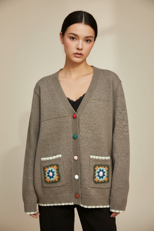 Boho Crochet Pocket V-Neck Cardigan
