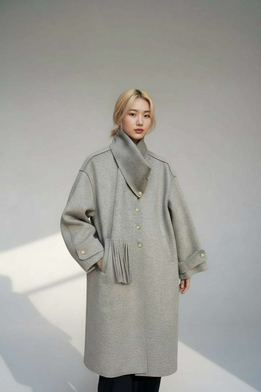 Long Double-Faced Coat with Scarf