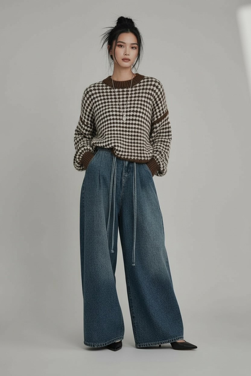 Fuzzy Houndstooth Pattern Jumper/ Sweater