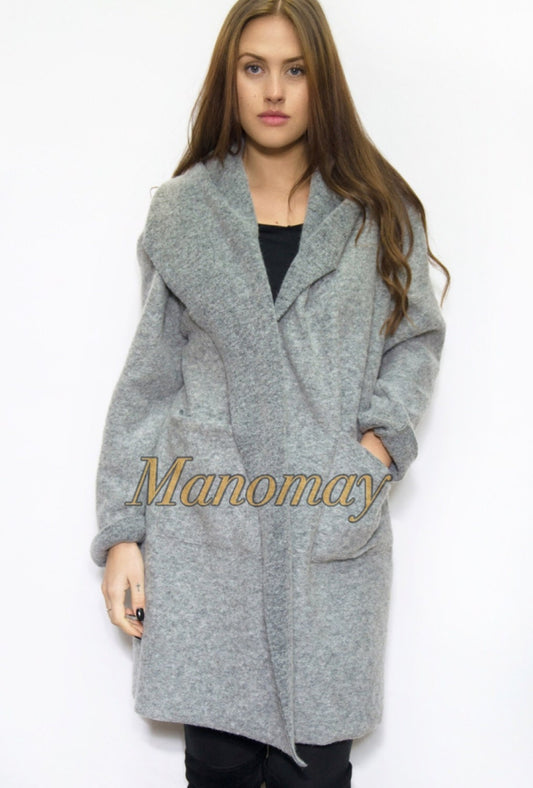 Winter Ladies Boiled wool mix 2 pockets long felt duster jacket coat