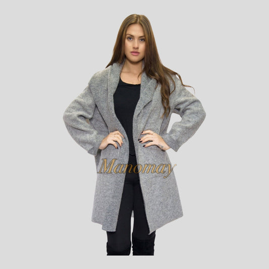 Winter Ladies Boiled wool mix 2 pockets long felt duster jacket coat