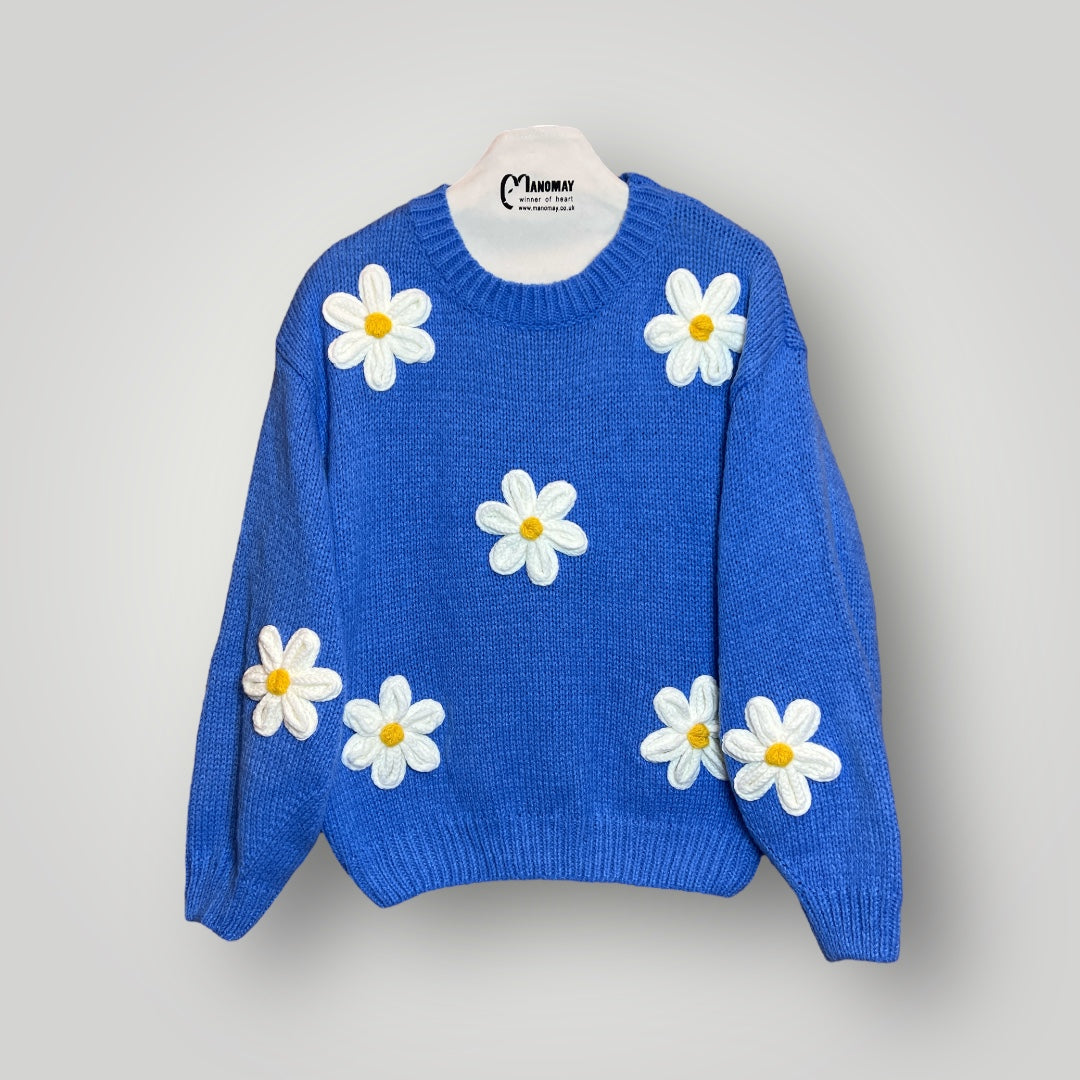 Knitted Flower Crew Neck Jumper