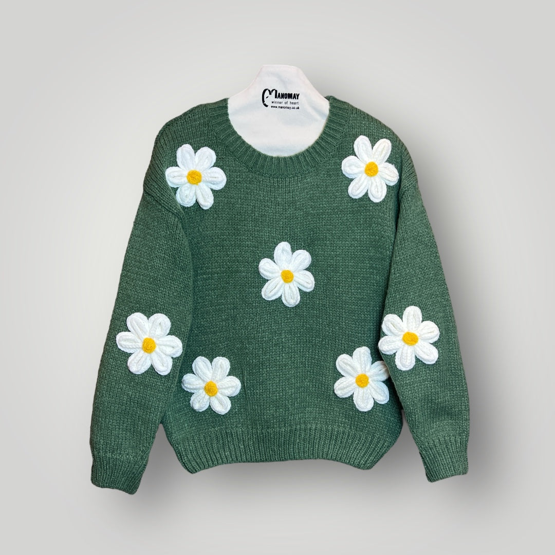Knitted Flower Crew Neck Jumper