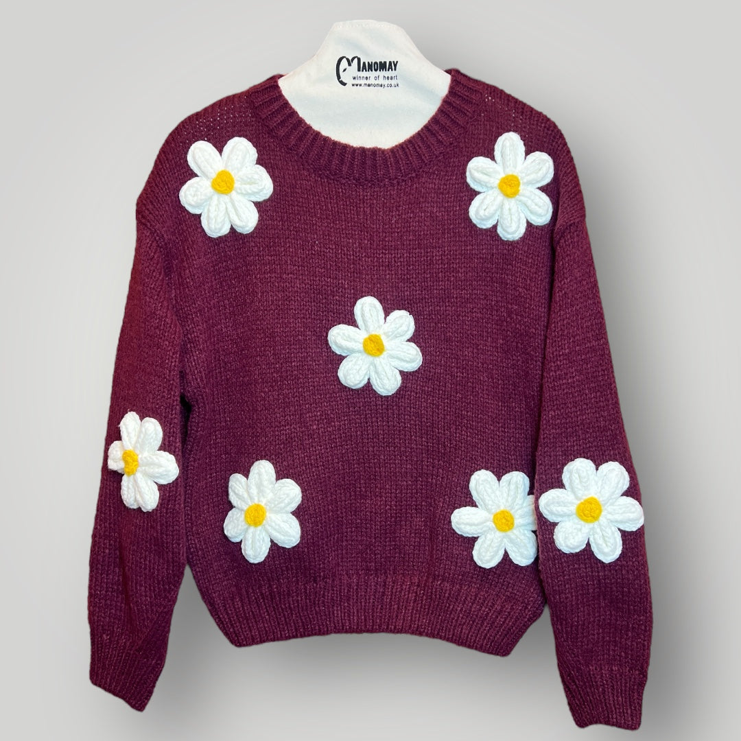 Knitted Flower Crew Neck Jumper
