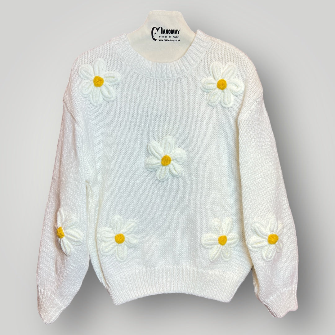 Knitted Flower Crew Neck Jumper