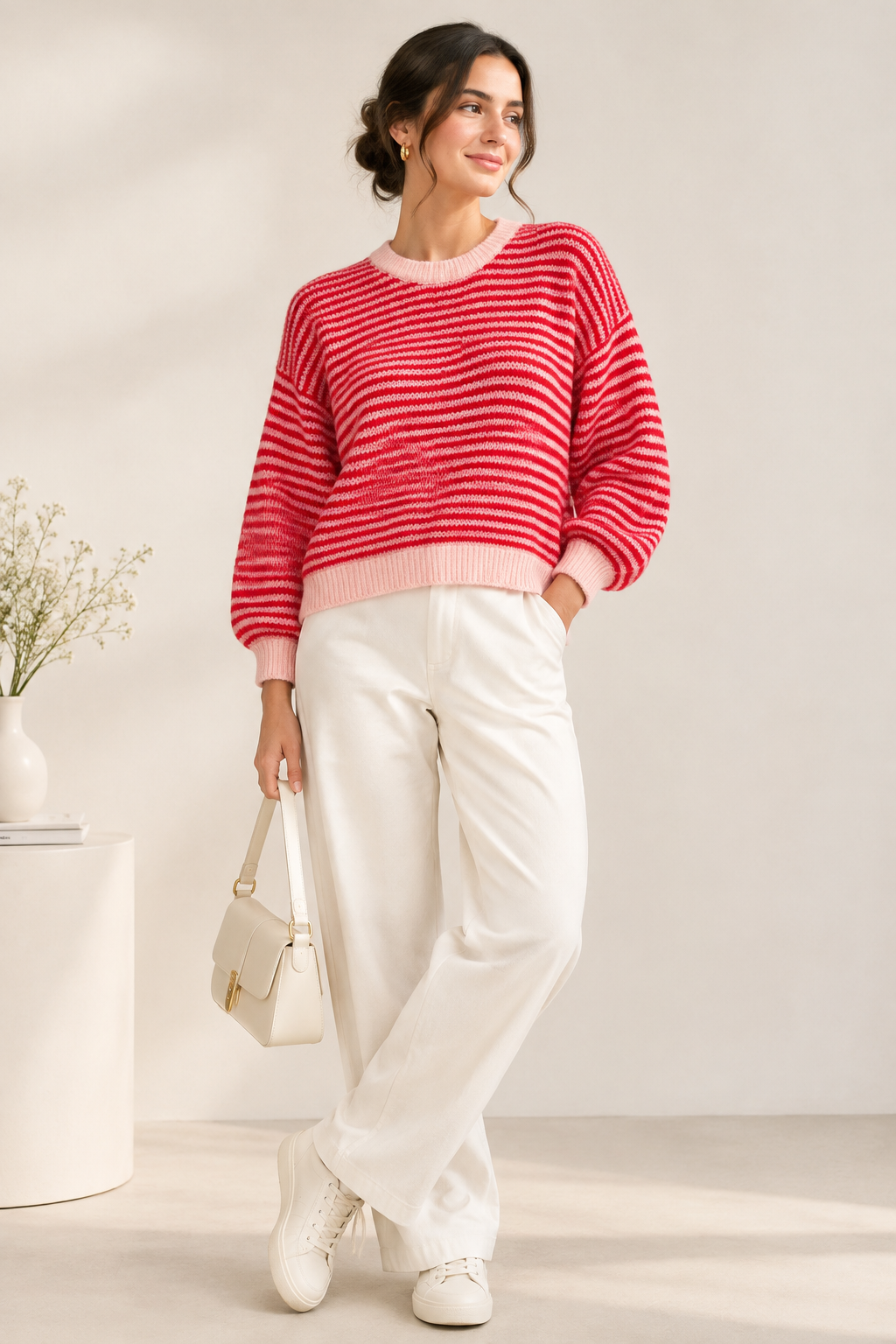 Striped Knit Sweater, Soft Crew Neck Jumper, Relaxed Fit Long Sleeve Pullover, Cute Casual Winter Top