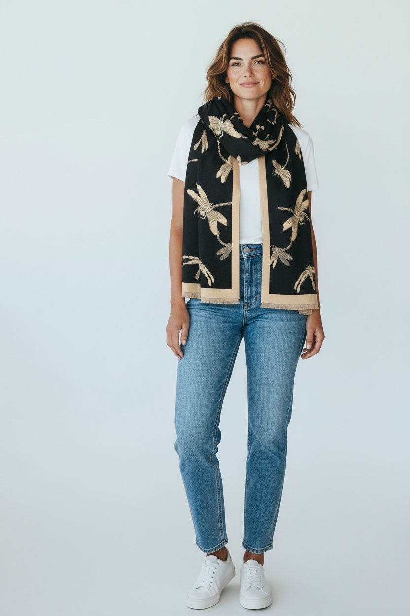 Reversible Dragonfly Print Winter Shawl; Blanket Scarf