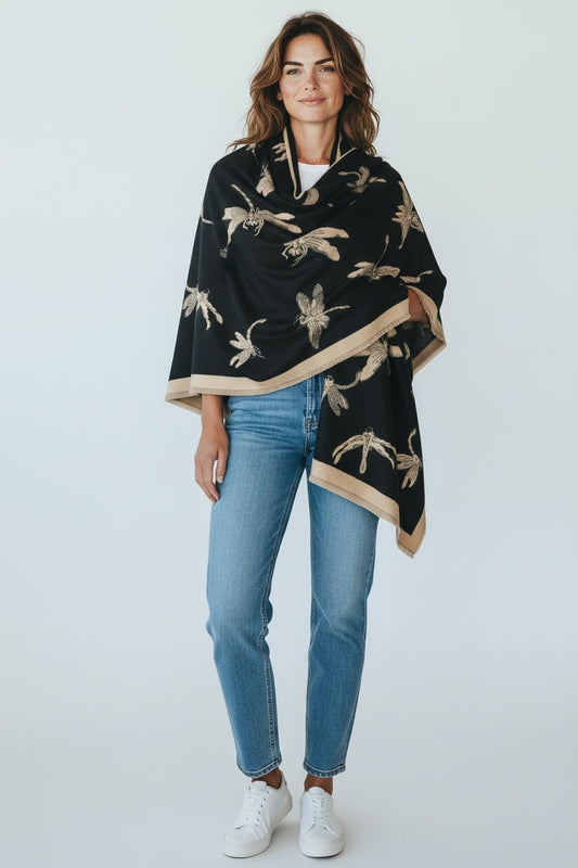 Reversible Dragonfly Print Winter Shawl; Blanket Scarf