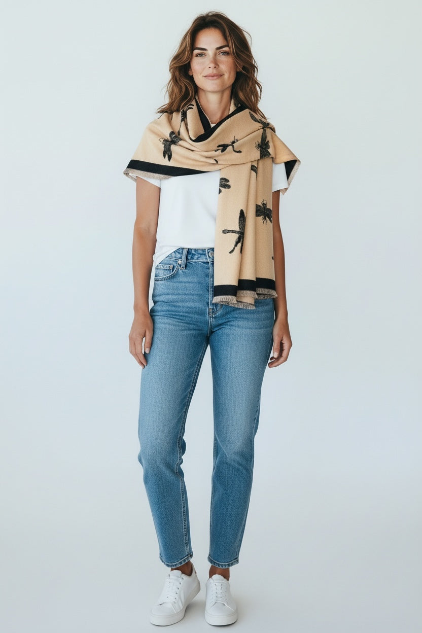 Reversible Dragonfly Print Winter Shawl; Blanket Scarf