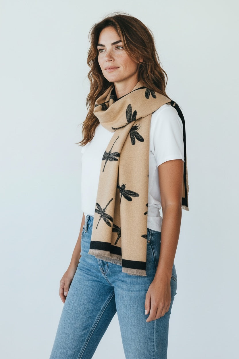 Reversible Dragonfly Print Winter Shawl; Blanket Scarf
