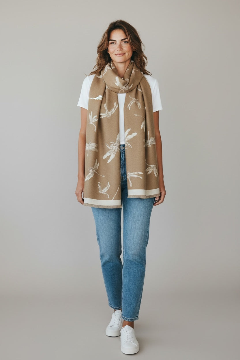 Reversible Dragonfly Print Winter Shawl; Blanket Scarf