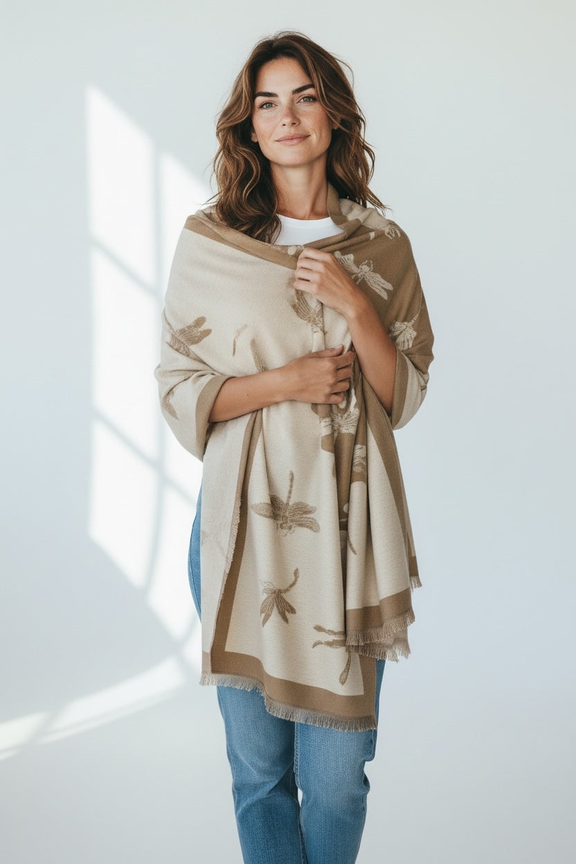 Reversible Dragonfly Print Winter Shawl; Blanket Scarf