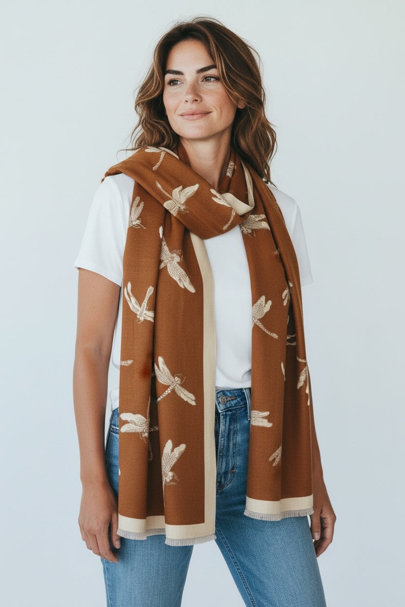 Reversible Dragonfly Print Winter Shawl; Blanket Scarf