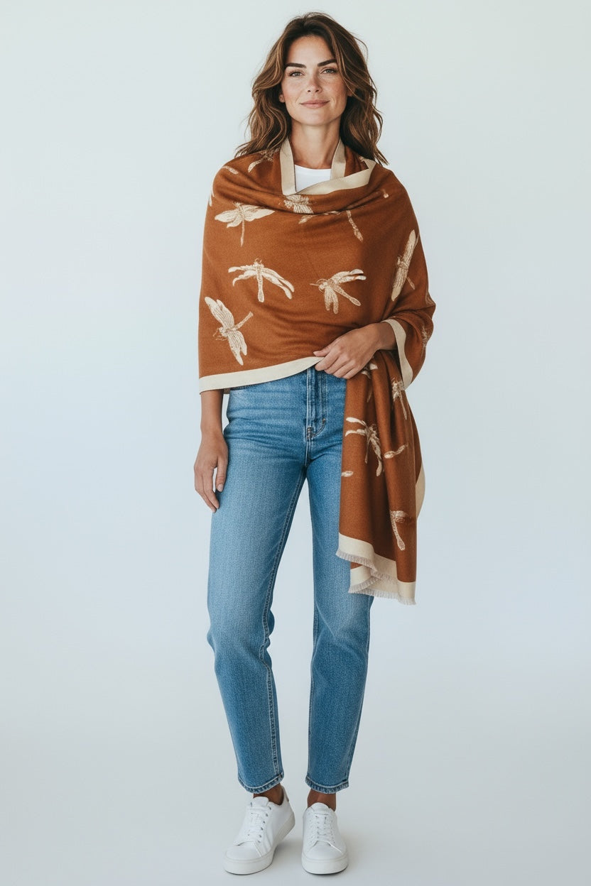 Reversible Dragonfly Print Winter Shawl; Blanket Scarf