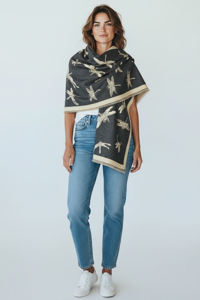 Reversible Dragonfly Print Winter Shawl; Blanket Scarf