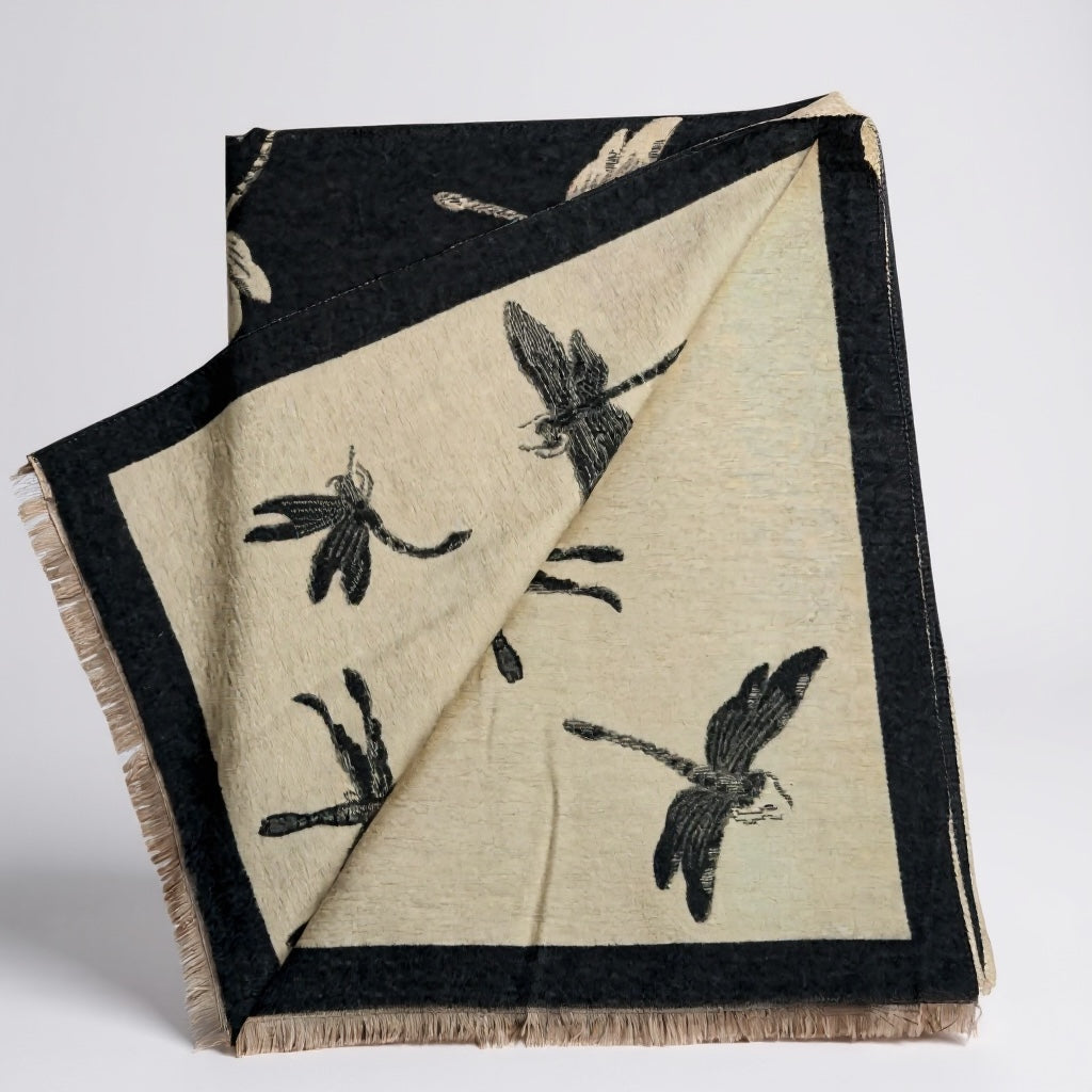 Reversible Dragonfly Print Winter Shawl; Blanket Scarf