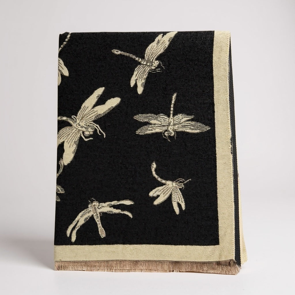Reversible Dragonfly Print Winter Shawl; Blanket Scarf