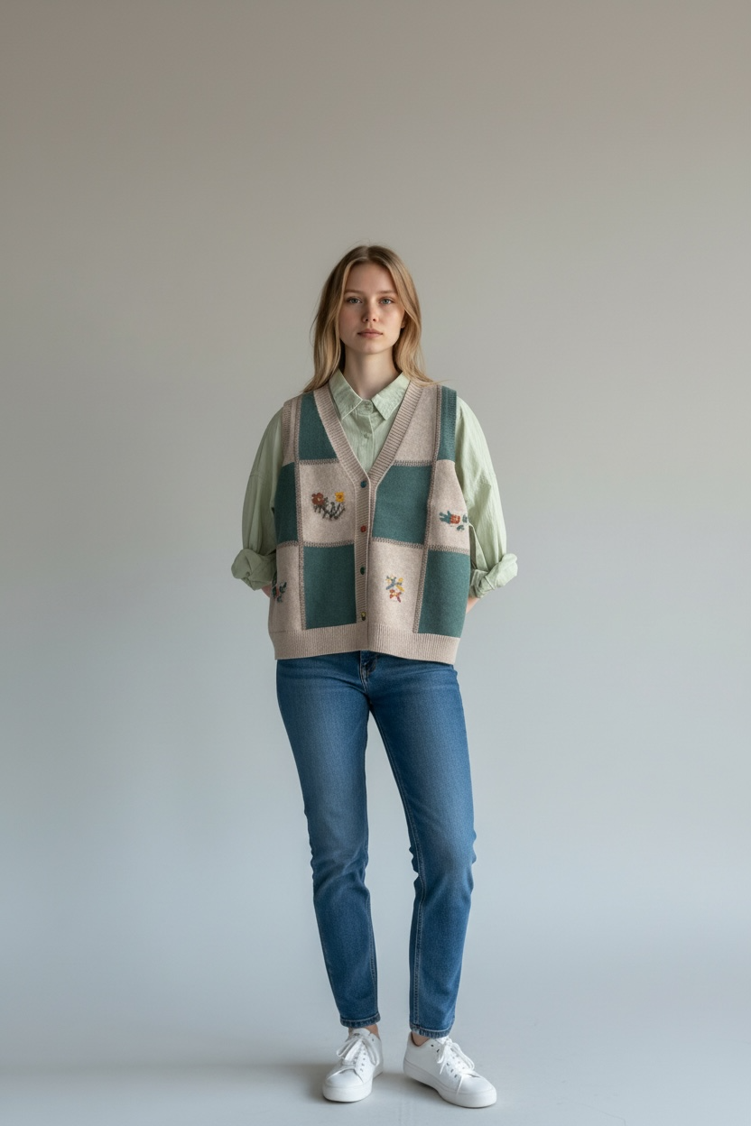 V-Neck Checkboard Sweater Vest with Flower Patterns