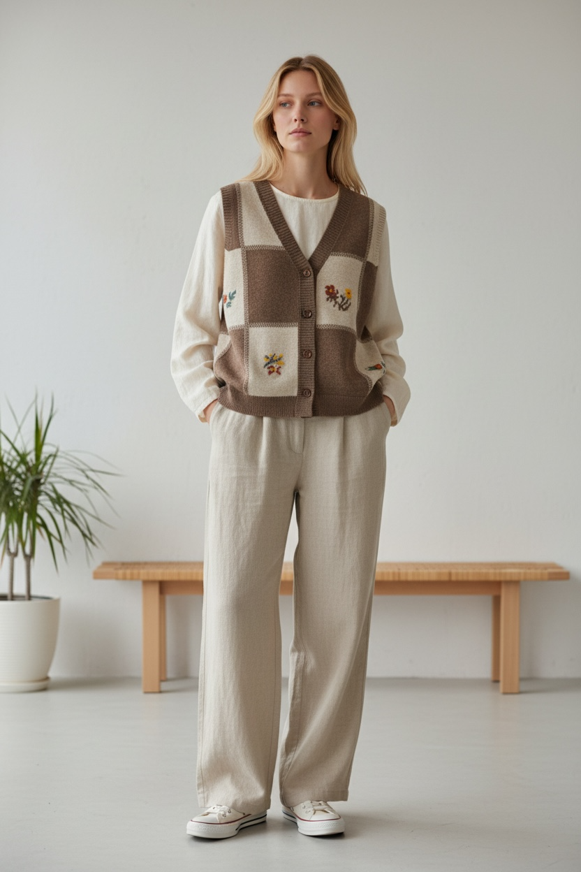 V-Neck Checkboard Sweater Vest with Flower Patterns