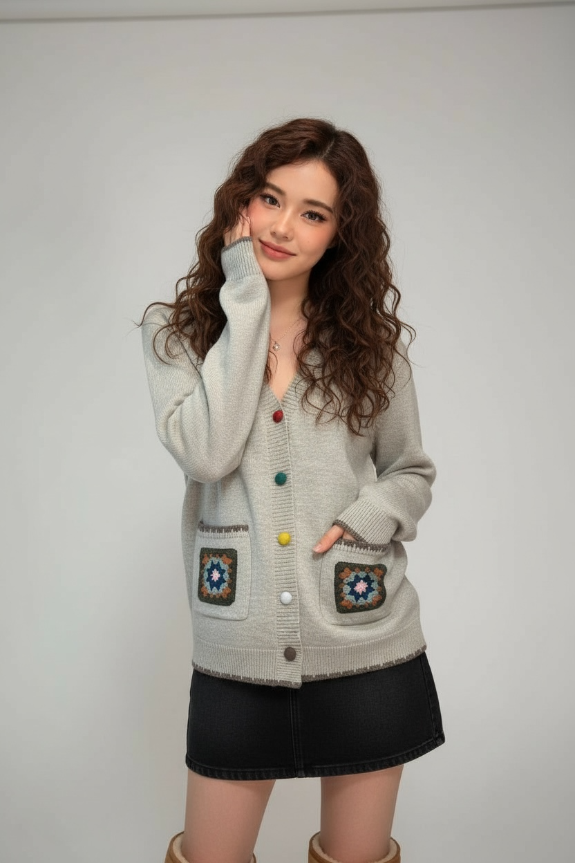 Boho Crochet Pocket V-Neck Cardigan