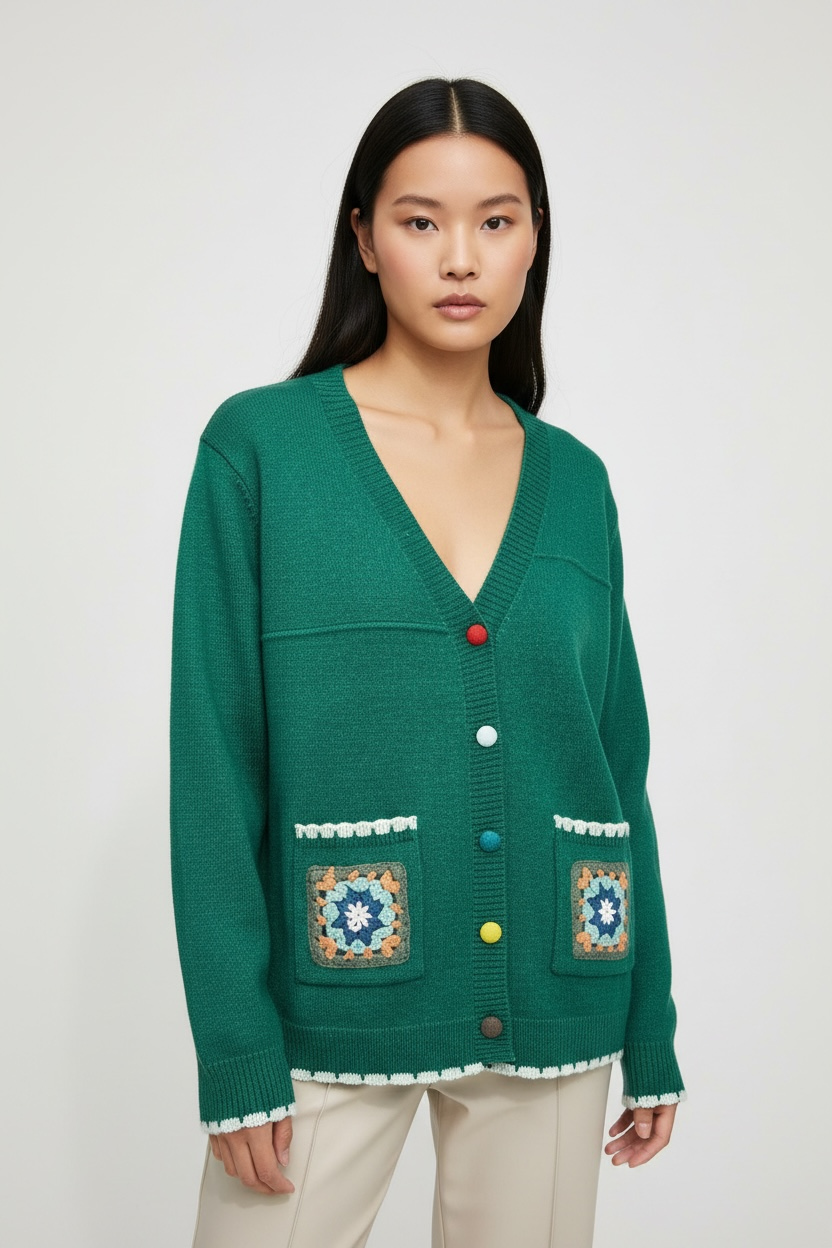 Boho Crochet Pocket V-Neck Cardigan