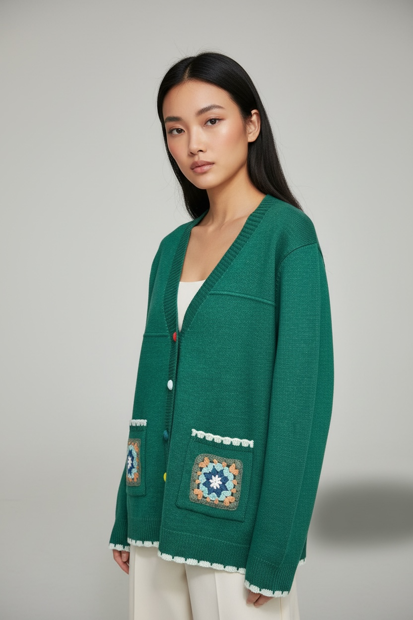Boho Crochet Pocket V-Neck Cardigan