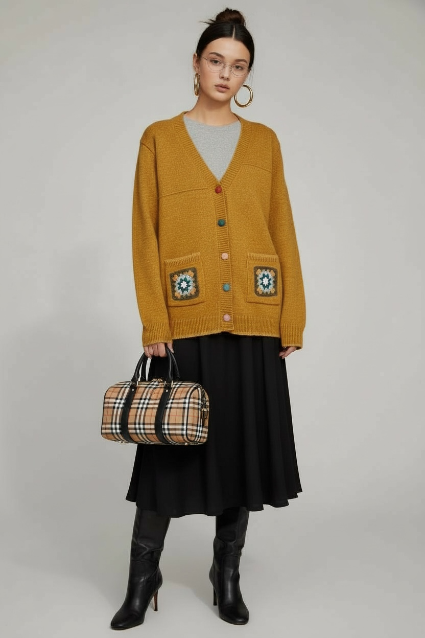 Boho Crochet Pocket V-Neck Cardigan