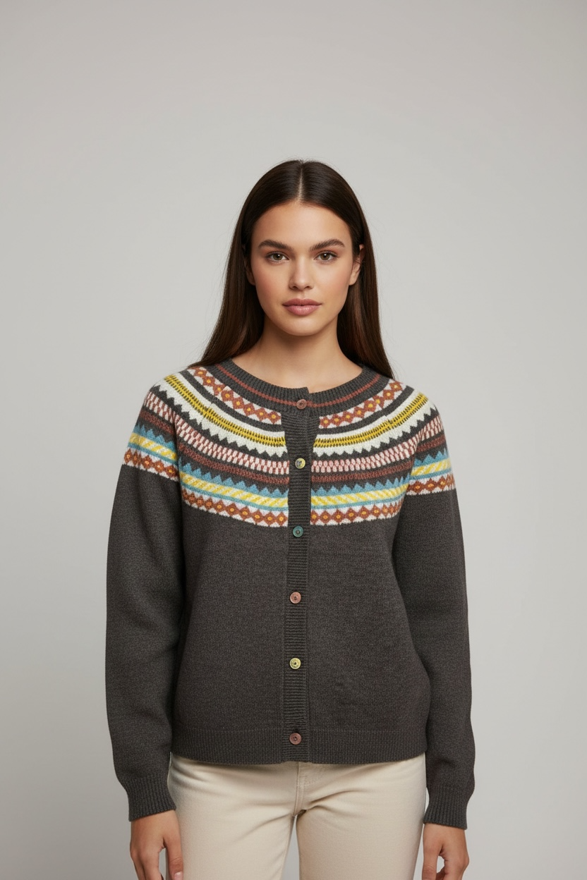 Mountain Trail Fair Isle Cardigan- Soft Vegan Button-Up Sweater