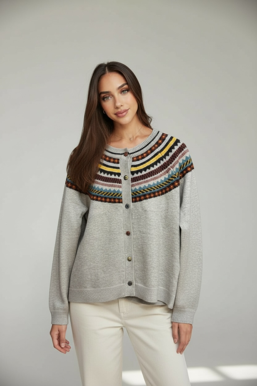 Mountain Trail Fair Isle Cardigan- Soft Vegan Button-Up Sweater