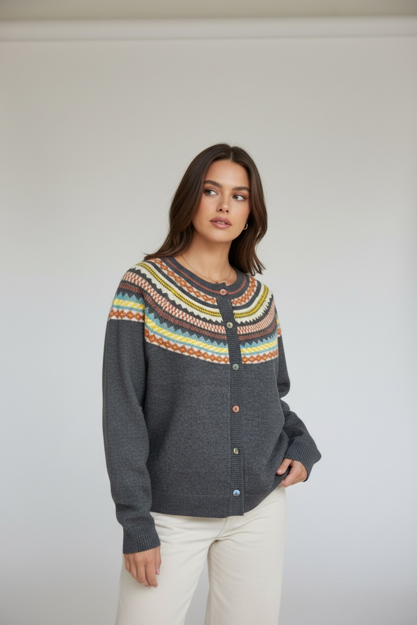 Mountain Trail Fair Isle Cardigan- Soft Vegan Button-Up Sweater