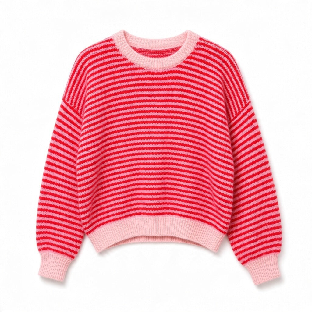 Striped Knit Sweater, Soft Crew Neck Jumper, Relaxed Fit Long Sleeve Pullover, Cute Casual Winter Top