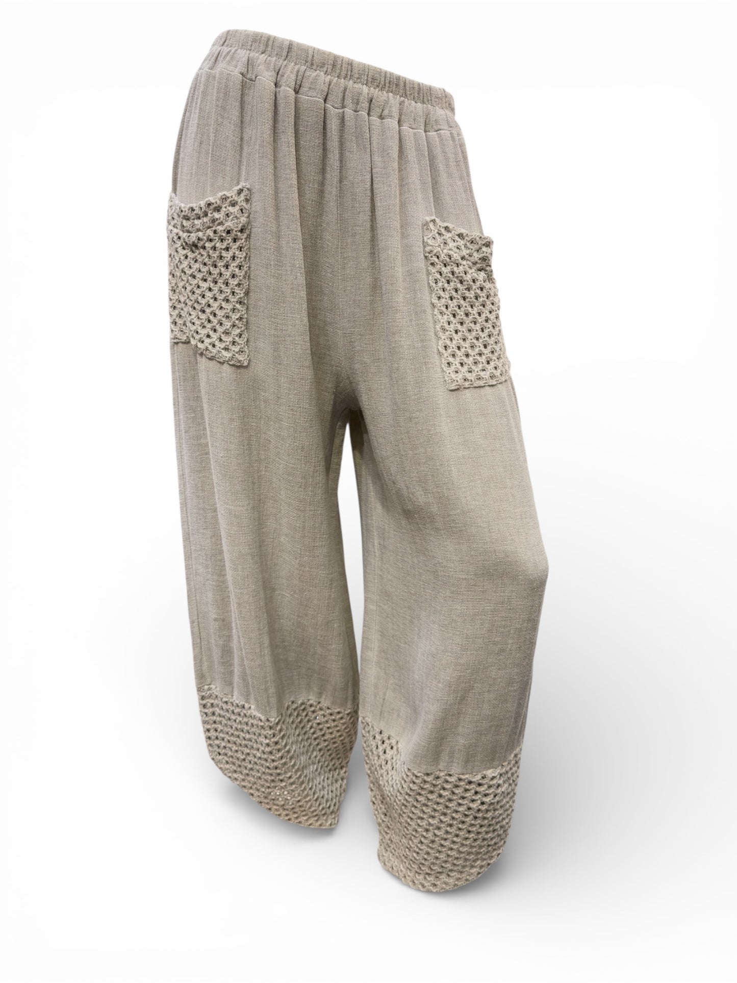Relaxed Fit Knit Pants with Crochet Detail