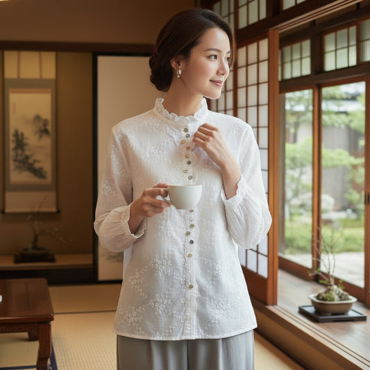 Cotton Embroidered Shirt with Colourful Buttons