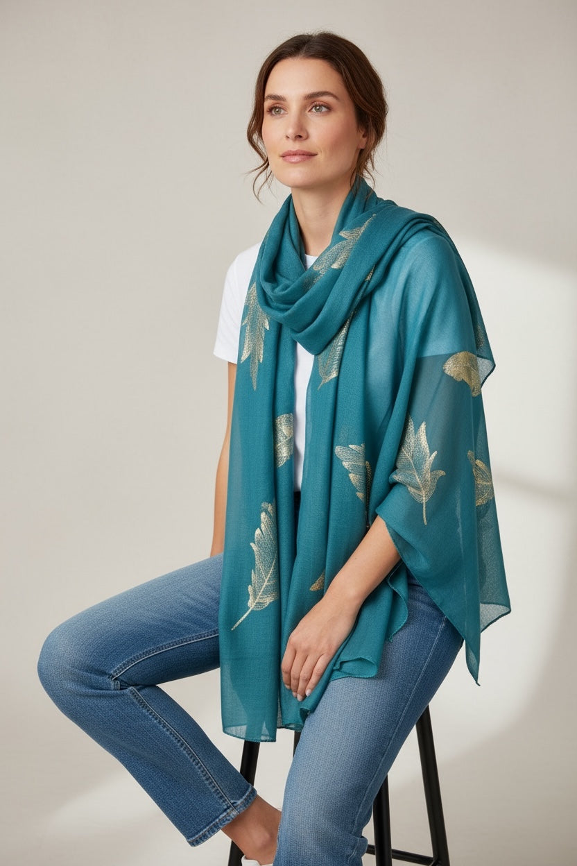 Handmade Scarf  colour- Leaves print/ FEATHERS/Women Scarves / Gifts For Her / Accessories