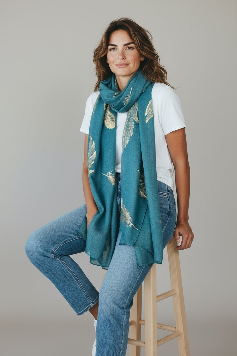 Handmade Scarf  colour- Leaves print/ FEATHERS/Women Scarves / Gifts For Her / Accessories