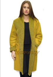 Winter Ladies Boiled wool mix 2 pockets long felt duster jacket coat-Mustard