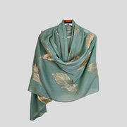 Hand Embroidered Scarf SEA GREEN  colour/ FEATHERS/Leaves print/Autumn Scarf / Women Scarves / Gifts For Her / Accessories / Handmade