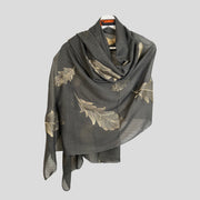 Hand Embroidered Scarf- GREY colour/ FEATHERS/Leaves print/Autumn Scarf / Women Scarves / Gifts For Her / Accessories / Handmade