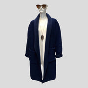 Winter Ladies Boiled wool mix 2 pockets long felt duster jacket coat-NAVY BLUE