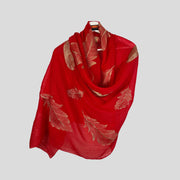 Hand Embroidered Scarf-RED  colour/ FEATHERS/Leaves print/Autumn Scarf / Women Scarves / Gifts For Her / Accessories / Handmade