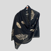 Hand Embroidered Scarf-BLACK colour/ FEATHERS/Leaves print/Autumn Scarf / Women Scarves / Gifts For Her / Accessories / Handmade