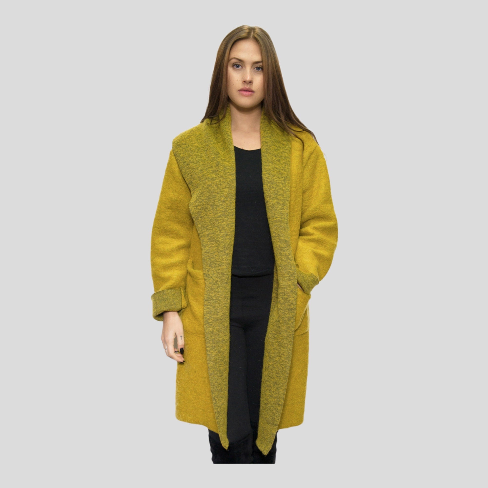Duster Jacket Mustard Waterfall Coat Winter Ladies Boiled Wool Mix